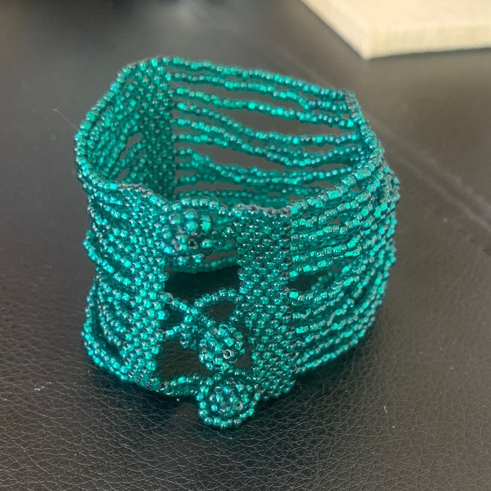 Vintage Handcrafted Multi-Strand Emerald Green Seed Beaded Cuff Bracelet